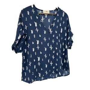 Wishful Park XL‎ Top blue Cactus Graphic rodeo cowgirl semi sheer short sleeve